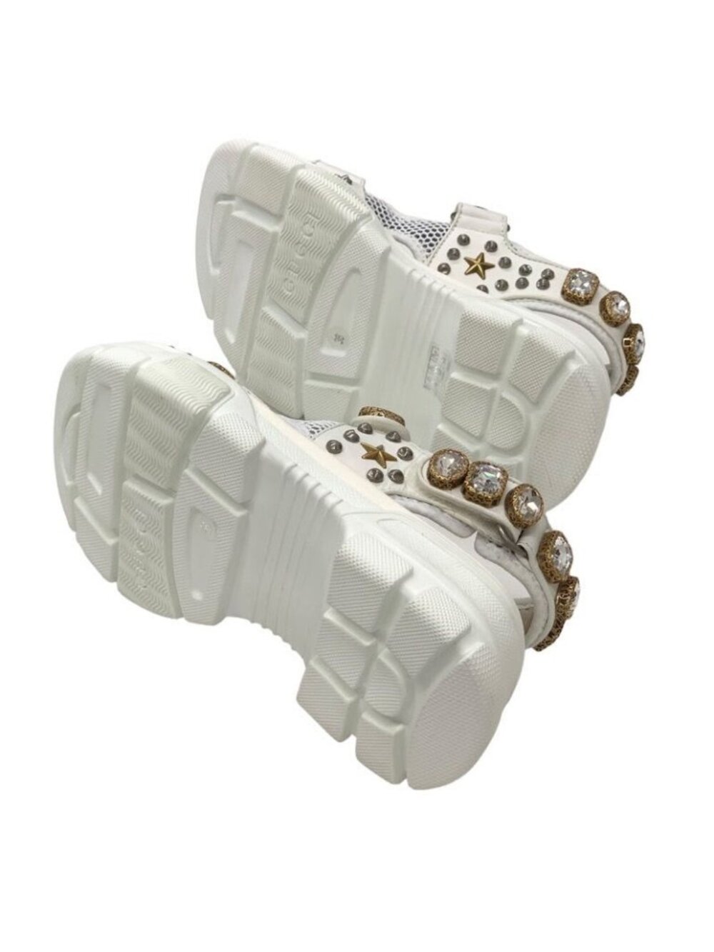 Gucci Sandals Shoes Mesh Leather White Gold Silver Sports Flat - Picture 7 of 11